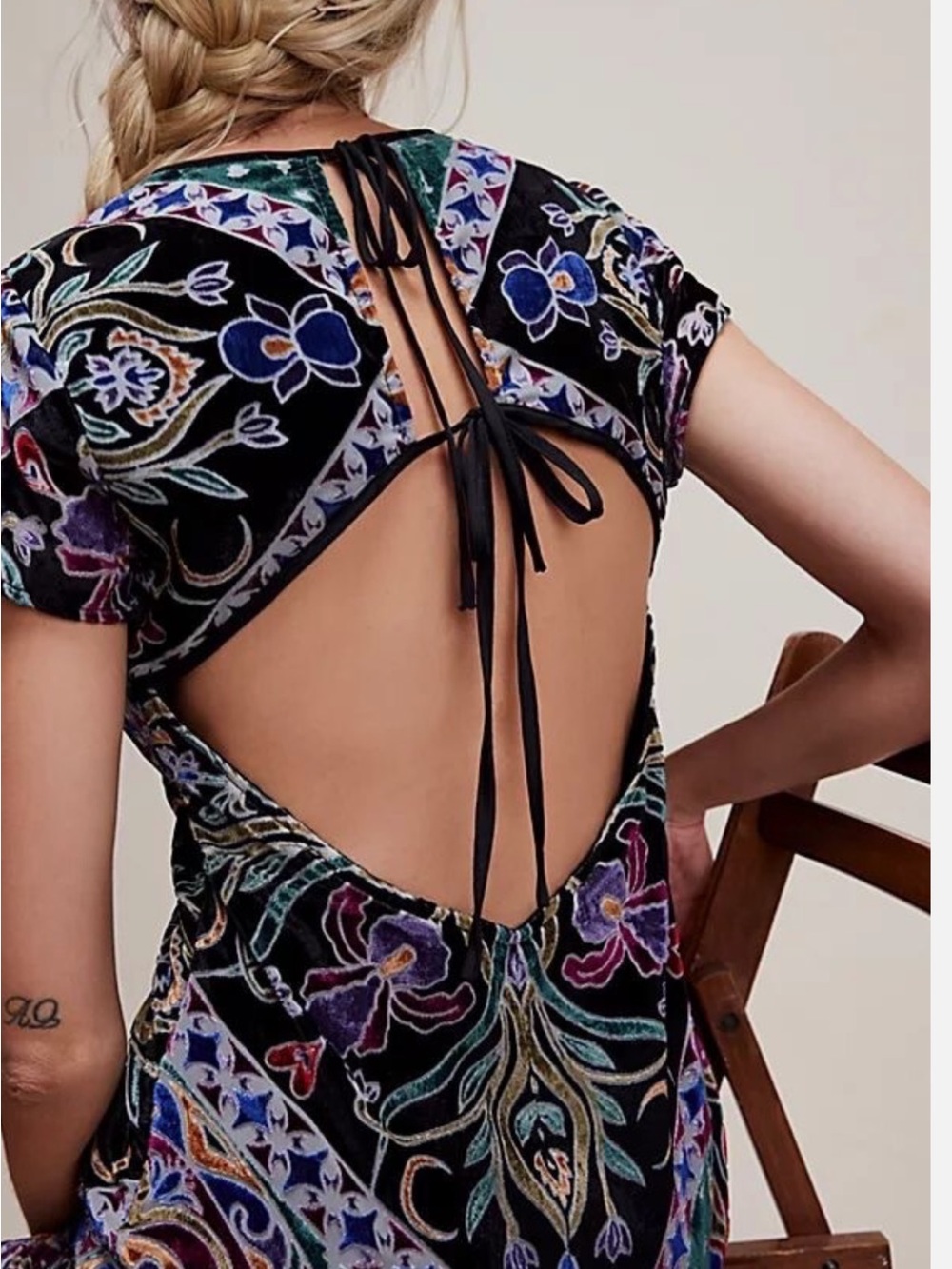 Free People Sz S Dress Iris Velvet Black Multicolour Midi Boho Festival Party - Picture 4 of 12